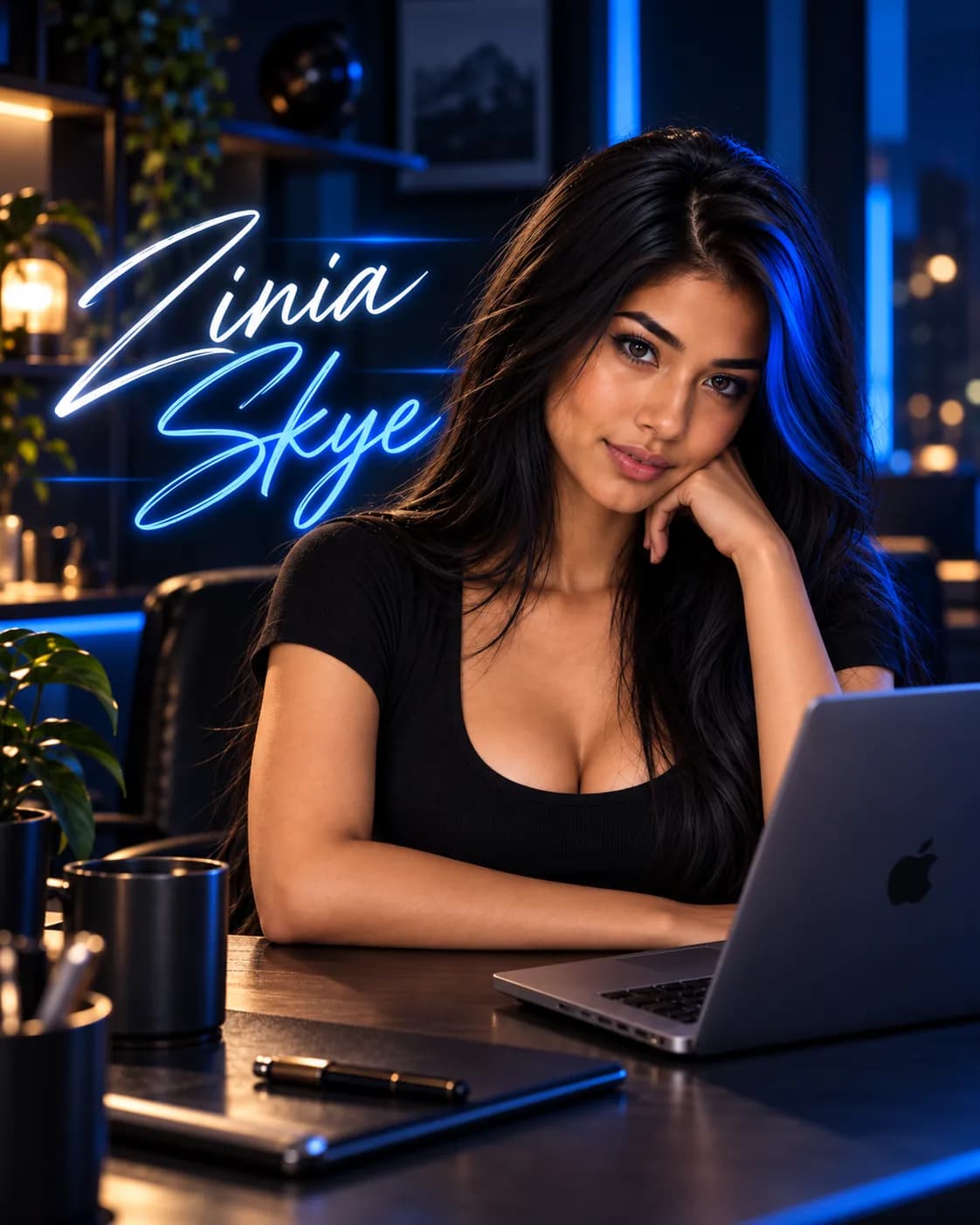 Zinia at her desk at night