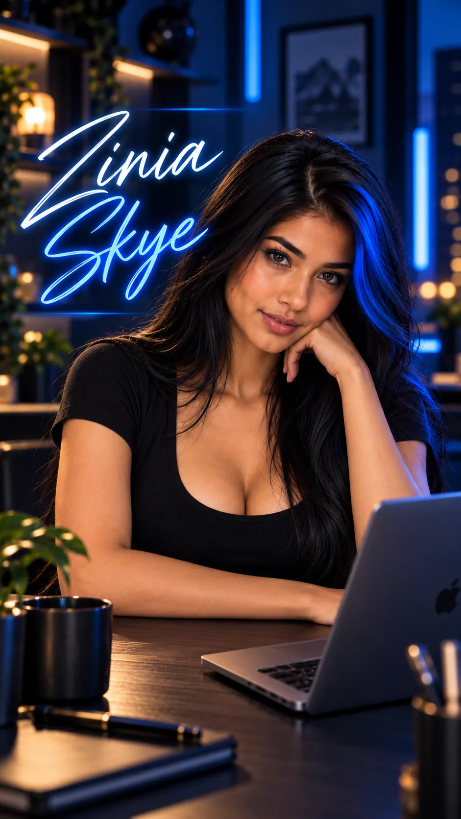 Zinia Skye at her desk at night, neon-blue lights behind her, a cobalt streak in her hair